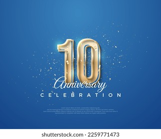 10th anniversary with a luxurious design between gold and blue. Premium vector for poster, banner, celebration greeting.