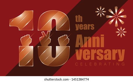 10th anniversary. luxury character inside with elements of hand and three firework. vector illustration eps10