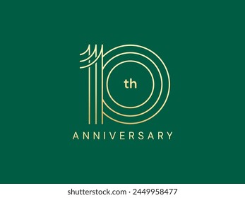 10th Anniversary luxury gold celebration with triple line number logo typography vector design concept. Ten years anniversary gold logo template for celebration event, invitation, company, business.