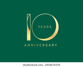 10th Anniversary luxury gold celebration with curved shapes in number logo typography vector design concept. Ten years anniversary gold logo template for celebration event, invitation, business, web.