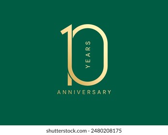 10th Anniversary luxury gold celebration with overlapping number logo typography vector design concept. Ten years anniversary gold logo template for celebration event, invitation, business, web, card.