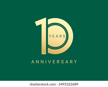 10th Anniversary luxury gold celebration with overlapping number logo typography vector design concept. Ten years anniversary gold logo template for celebration event, invitation, business, web, card.