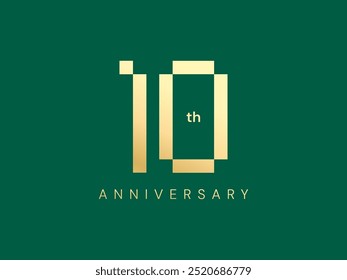 10th Anniversary luxury gold celebration with Pixel geometry logo vector design concept. Ten years anniversary gold logo template for celebration event, invitation, business, card, company, greeting.