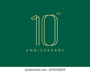 10th Anniversary luxury gold celebration with overlapping lines numbers logo vector design concept. Ten years anniversary gold logo template for celebration event, invitation, company, business, card.