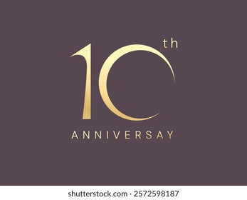 10th Anniversary luxury gold celebration with curved shape numbers logo typography vector design concept. Ten years anniversary gold logo template for celebration event, invitation, business, card.