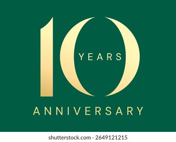 10º aniversário de ouro de luxo celebração com formas curvas números logotipo vetor conceito de design. Modelo de logotipo de ouro de dez anos para evento de celebração, convite, negócio, cartão, empresa.