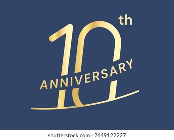 10th Anniversary luxo celebração de ouro com sobreposição de letras curvas em itálico números tipografia vetor conceito de design. Modelo de logotipo de ouro de dez anos para evento de celebração, convite.