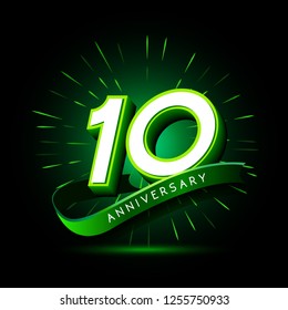 10th Anniversary Neon Text Vector Design Template. Green Number Neon Logo, Light Banner Design Element Colorful Design Trend, Night Bright Advertising Neon Text Anniversary Event Party Template