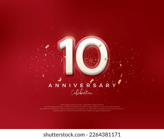 Número del décimo aniversario. con números blancos 3d en un fondo rojo. Vector premium para afiches, banner, saludo de celebración.