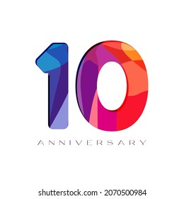 10th anniversary numbers. 10 years old logotype concept. Isolated abstract graphic design template. Creative bright 1 and 0 digits. Stained-glass digits. Up to 10% or -10% off discount, shopping idea.