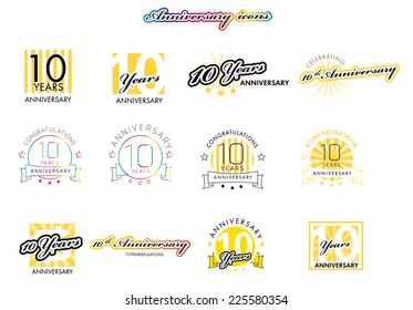 10th Anniversary sign collection, yellow design, vector illustration