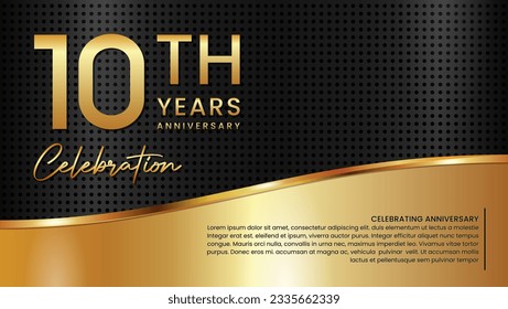 10th anniversary template design in gold color isolated on a black and gold texture background, vector template