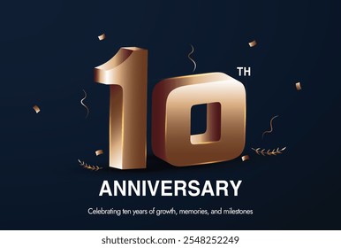 10th anniversary. Tenth Anniversary celebration banner with 3D number: 10 in bronze colour. Ten Years of growth, memories celebration banner for couples, business. Confetti with dark blue background