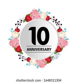 10th anniversary. Vector design greeting card with decorative floral circle for celebration