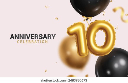 10th anniversary vector design. Happy anniversary celebration with gold number 10 and black balloons floating for party decoration background. Vector illustration tenth year design. 
