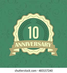 10th anniversary vector label on a green ornament background.