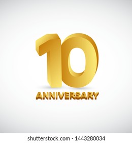 10th anniversary vector template. Gold 3d design concept. Design for celebration, greeting cards or print.