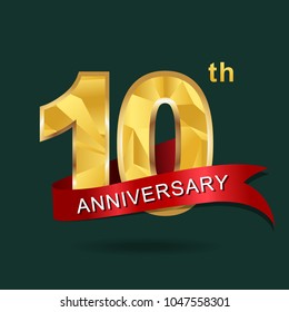 10th anniversary years celebration logotype. Logo gold numbers and ribbon green background. 