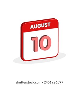 Icono 3D del calendario del 10 de agosto. Calendario 3D 10 de agosto Fecha, Mes icono Vector ilustrador