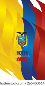 Cartel y tarjeta de felicitación del Día de la Independencia de Ecuador del 10 de agosto. Mensaje de letras de tipografía en negrita el 10 de agosto sobre fondo de bandera abstracta de Ecuador