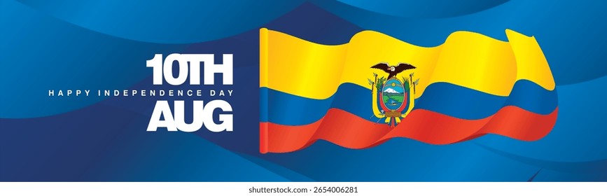 10th of August Ecuador Independence Day banner with wavy Ecuador flag on abstract blue background