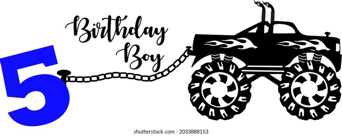 Niño de cumpleaños con camión monstruo. Vector