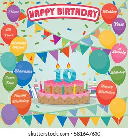 10th Birthday cake and decoration background in flat design with balloons and candles