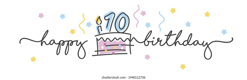 10.º cumpleaños tipografía escrita a mano tarjeta de saludo con colorido pastel grande, número, vela y confetti