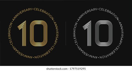 10th birthday. Ten years anniversary celebration banner in golden and silver colors. Circular logo with original number design in elegant lines.