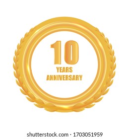 10th gold anniversary celebration logo with golden color and laurel wreath vector design. Stock vector illustration on white isolated background.