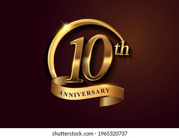 10th golden anniversary logo with gold ring and golden ribbon, vector design for birthday celebration, invitation card.