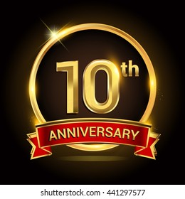 10th golden anniversary logo with ring and red ribbon isolated on black background, vector design for birthday celebration, marriage, corporate, and your business.