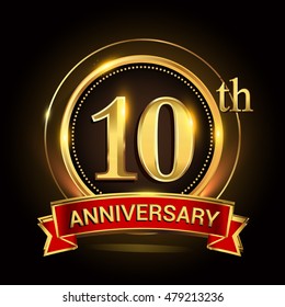 10th golden anniversary logo with ring and ribbon. Vector design template elements for your birthday celebration.