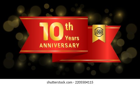 10th Golden Anniversary Template Design With Red Ribbon, Logo Vector Illustration