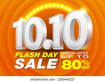 10th month Shopping day sale Poster or Banner template with Number 10.10 3D text on Spotlight LED orange background. Campaign Special Offer Up To 80%. Design for Ads, social media, Shopping online.