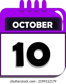 10th of october. calendar with date number ten, tenth day of october, month of october