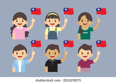 10 de octubre, doble décimo día - Día nacional de Taiwán (ROC). Cuta caricatura Taiwaneses con banderas de Taiwán celebrando el día nacional. Ilustración portadora de patriotismo. Diseño plano del día de la independencia.