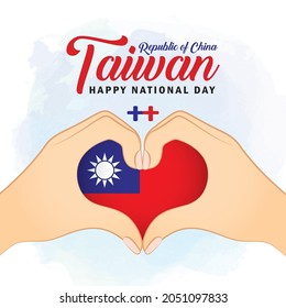 10 de octubre - Día nacional de Taiwán (ROC). Dos manos haciendo gesto de forma cardíaca con la bandera de Taiwán sobre fondo acuarela. Feliz Día de la Independencia. Ilustración patriotista. (texto: Doble décimo día)