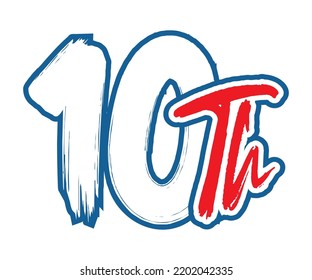 10th Ordinal Number counting vector art illustration with stunning font on red trim blue on white background