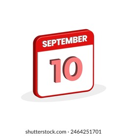 10th September calendar 3D icon. 3D September 10 calendar Date, Month icon vector illustrator