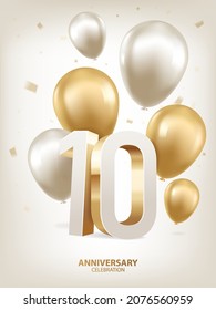 10th Year anniversary celebration background. Golden and silver balloons with confetti on white background with 3D numbers.