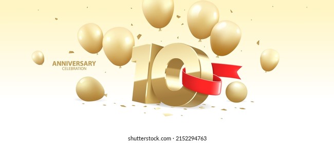 10th Year anniversary celebration background. 3D Golden number wrapped with red ribbon with  confetti and golden balloons.

