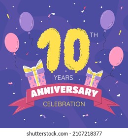 10th year anniversary celebration banner. Golden balloons numbers with sparkling confetti, glitters and ribbon. Birthday party event decoration, festive elements. Vector hand drawn flat illustration