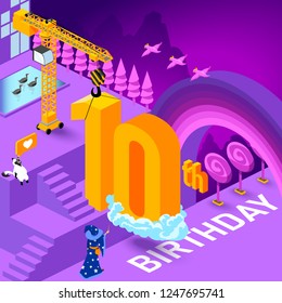 10th year Anniversary Celebration concept with characters. Flat isometric vector illustration