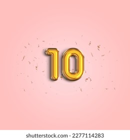 10th year Anniversary celebration design template. Number 10 flying foil balloon and confetti. Template for    Birthday, celebration or wedding event. 