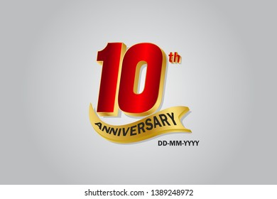 10th year anniversary Golden ribbon celebration logotype. anniversary logo with Red and Gold color isolated on grey background, vector design for celebration, invitation card - vector