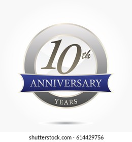 10th year anniversary logo vector isolated in silver circle frame with blue ribbon and shadow effect