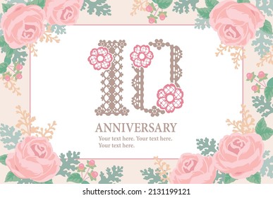 Plantilla para el décimo aniversario con flores elegantes. Fuente de encajes florales. Ilustración vectorial.