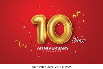 10th year anniversary vector design. Anniversary ten years celebration greeting with 10 gold metallic balloons and shiny confetti elements decoration in red background. Vector illustration anniversary