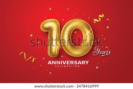 10th year anniversary vector design. Anniversary ten years celebration greeting with 10 gold metallic balloons and shiny confetti elements decoration in red background. Vector illustration anniversary